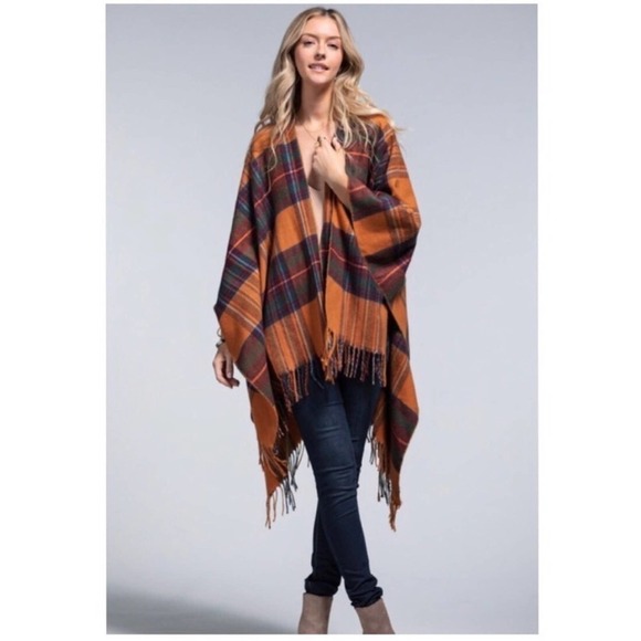 Ruggine Bohemian Soft Plaid Ruana Fringe Accent Poncho NWT Amberglow - Picture 5 of 14